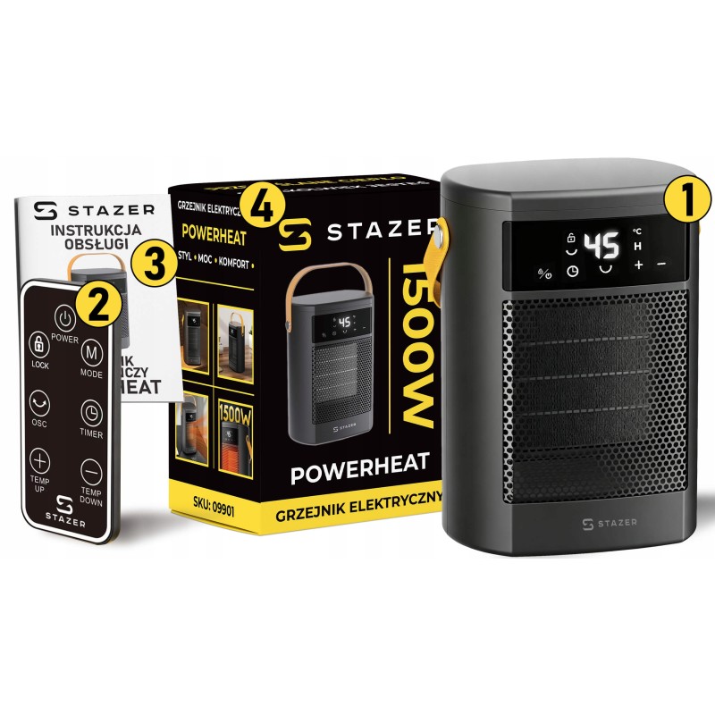 STAZER PowerHeat - Grzejnik Elektryczny Farelka Termowentylator, Nagrzewnica + Pilot, Timer, 1500W