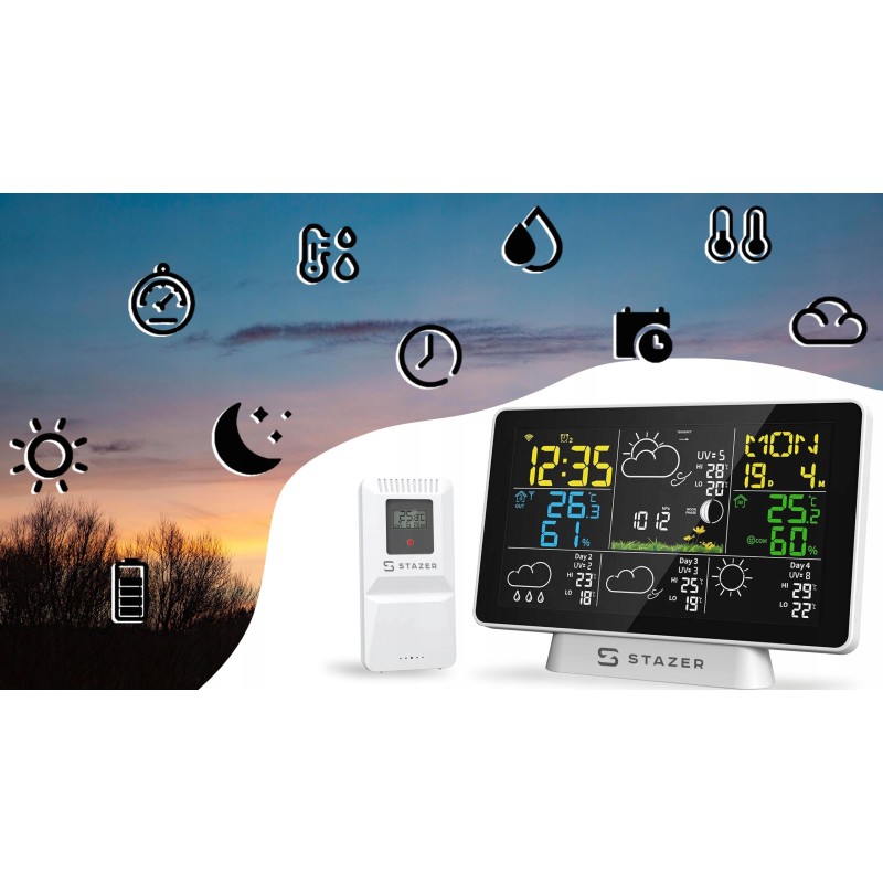 STAZER CLIMATIQ SMART Stacja pogody WiFi Tuya budzik zegar termometr higrometr barometr stacja pogodowa + czujnik