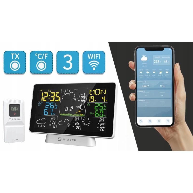STAZER CLIMATIQ SMART Stacja pogody WiFi Tuya budzik zegar termometr higrometr barometr stacja pogodowa + czujnik