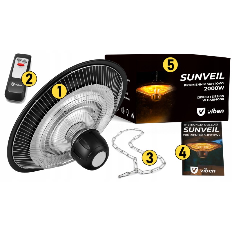 vIben SUNVEIL - promiennik sufitowy lampa grzewcza żarnik z pilotem na taras 2000W