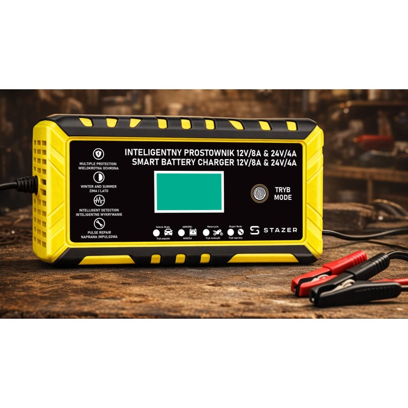 Prostownik samochodowy do ładowania akumulatorów, AGM, żelowe, kwasowe, z funkcją naprawy 12v/8a 24v/4a LCD