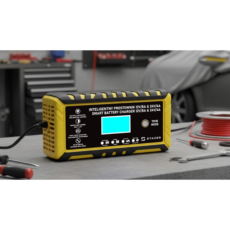 Prostownik samochodowy do ładowania akumulatorów, AGM, żelowe, kwasowe, z funkcją naprawy 12v/8a 24v/4a LCD