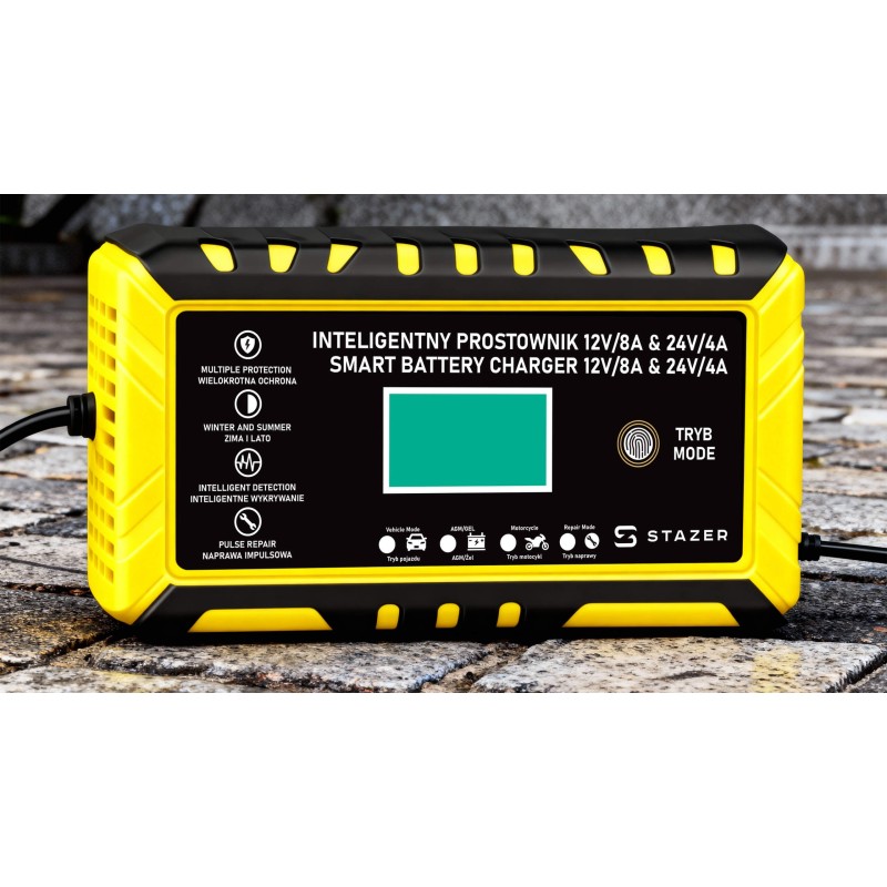 Prostownik samochodowy do ładowania akumulatorów, AGM, żelowe, kwasowe, z funkcją naprawy 12v/8a 24v/4a LCD