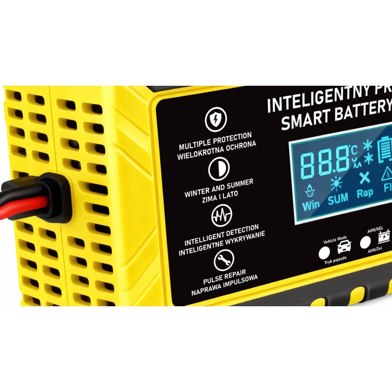 Prostownik samochodowy do ładowania akumulatorów, AGM, żelowe, kwasowe, z funkcją naprawy 12v/8a 24v/4a LCD