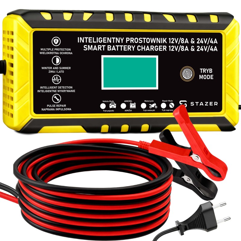 Prostownik samochodowy do ładowania akumulatorów, AGM, żelowe, kwasowe, z funkcją naprawy 12v/8a 24v/4a LCD