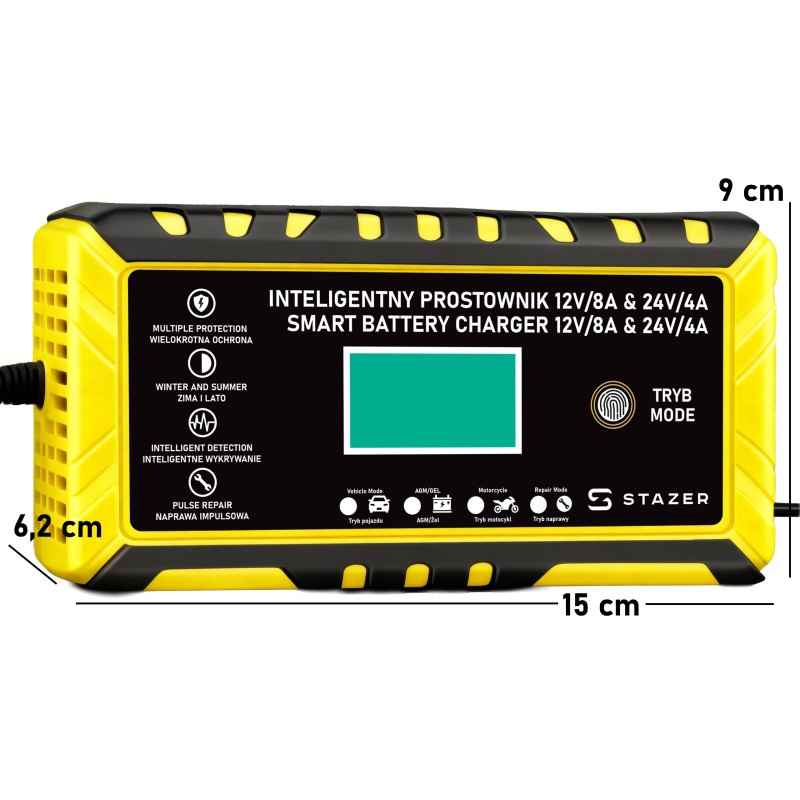 Prostownik samochodowy do ładowania akumulatorów, AGM, żelowe, kwasowe, z funkcją naprawy 12v/8a 24v/4a LCD
