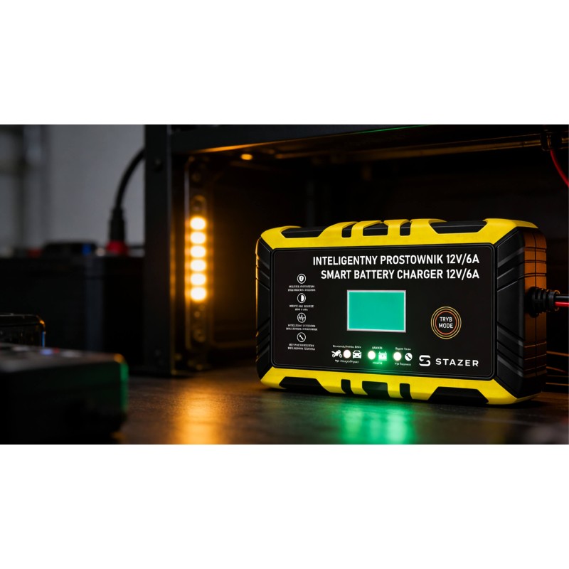 Prostownik samochodowy do ładowania akumulatorów, AGM, żelowe, kwasowe, z funkcją naprawy 12v/6A lcd