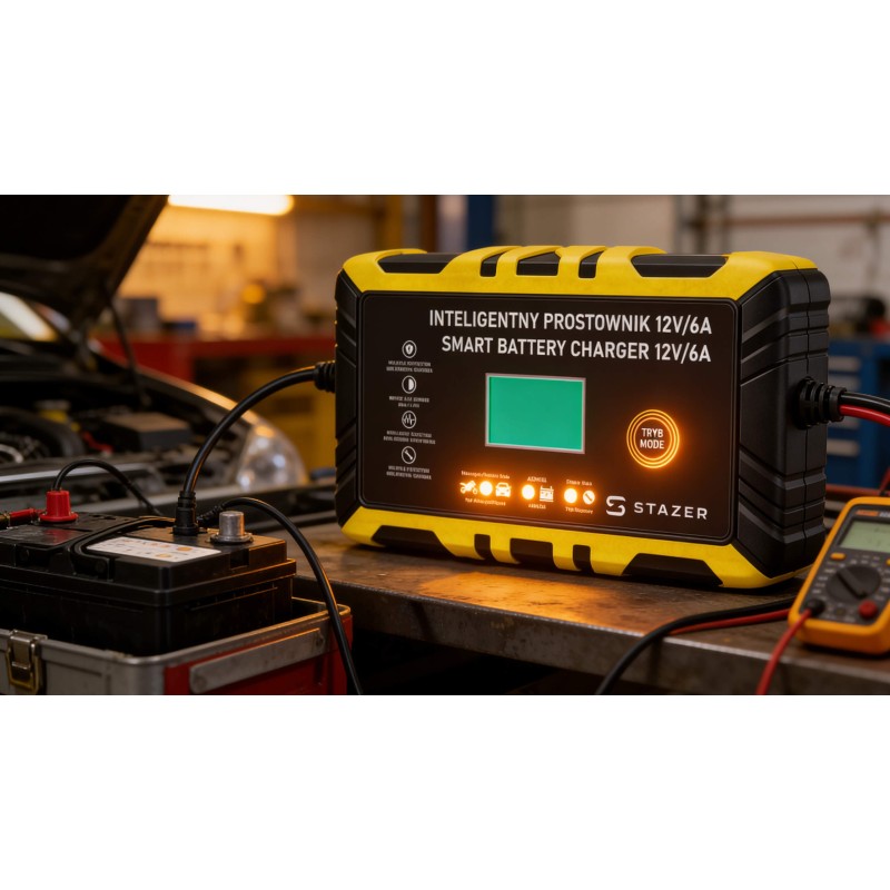 Prostownik samochodowy do ładowania akumulatorów, AGM, żelowe, kwasowe, z funkcją naprawy 12v/6A lcd