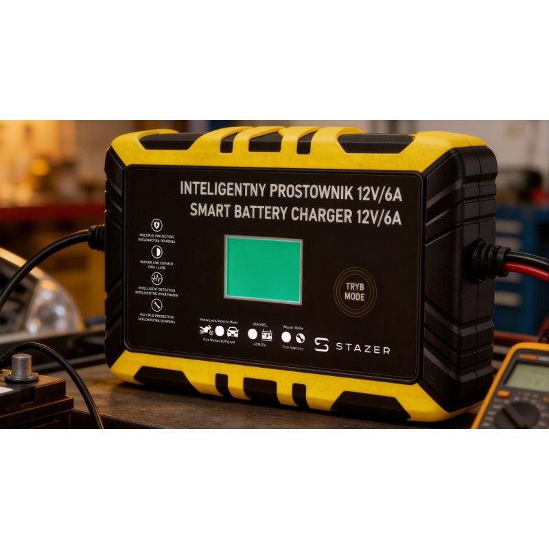 Prostownik samochodowy do ładowania akumulatorów, AGM, żelowe, kwasowe, z funkcją naprawy 12v/6A lcd