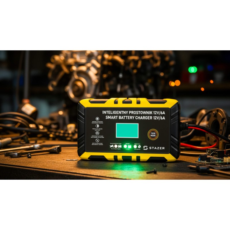 Prostownik samochodowy do ładowania akumulatorów, AGM, żelowe, kwasowe, z funkcją naprawy 12v/6A lcd