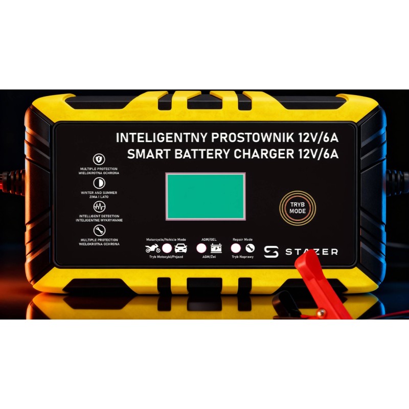 Prostownik samochodowy do ładowania akumulatorów, AGM, żelowe, kwasowe, z funkcją naprawy 12v/6A lcd