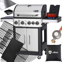 Grill gazowy ruszt żeliwny nierdzewny ogrodowy palnik boczny 4+1 13,7 KW