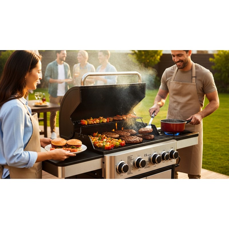 Grill gazowy ruszt żeliwny nierdzewny ogrodowy palnik boczny 4+1 13,7 KW