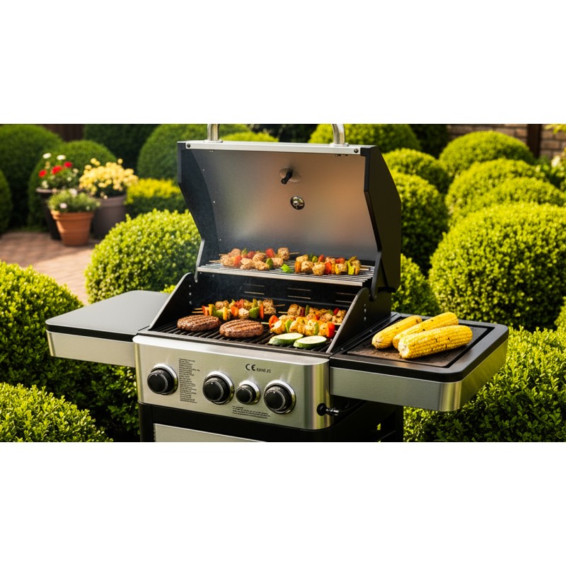 GRILL GAZOWY Z RUSZTEM ŻELIWNYM NIERDZEWNY OGRODOWY PALNIK BOCZNY 3+1 9.9KW
