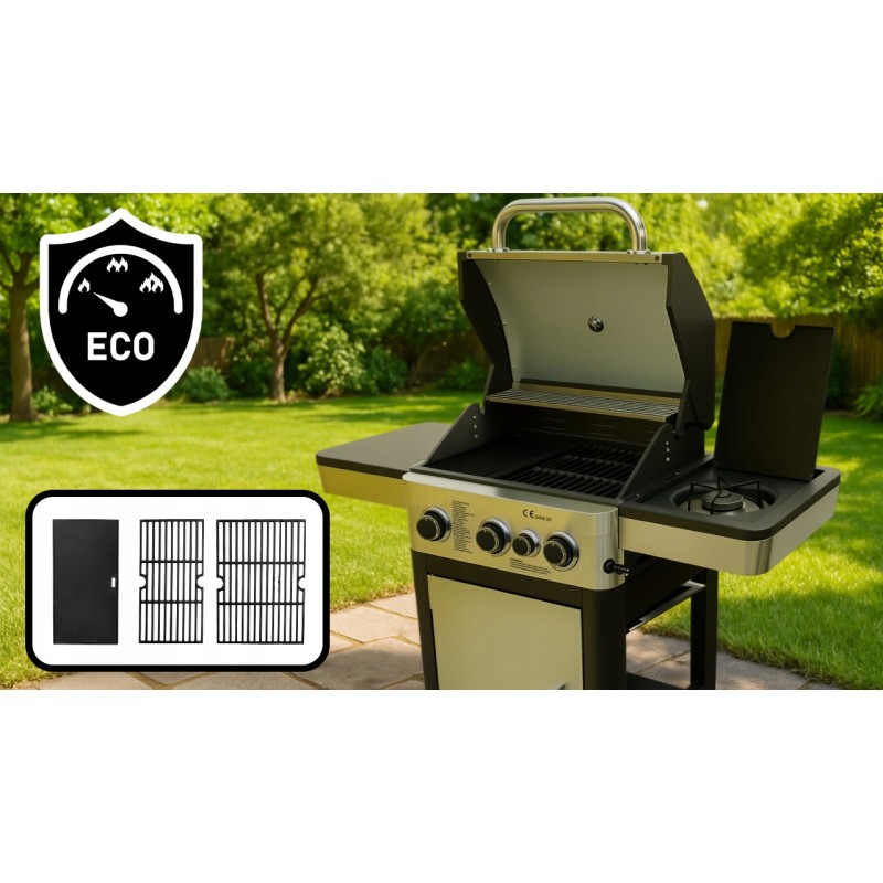 GRILL GAZOWY Z RUSZTEM ŻELIWNYM NIERDZEWNY OGRODOWY PALNIK BOCZNY 3+1 9.9KW