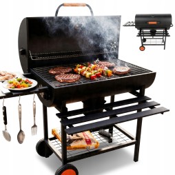 VIBEN FIRETUBE PRO - duży grill węglowy ogrodowy z pokrywą, 2 ruszty, popielnik, termometr, stal, 2 półki