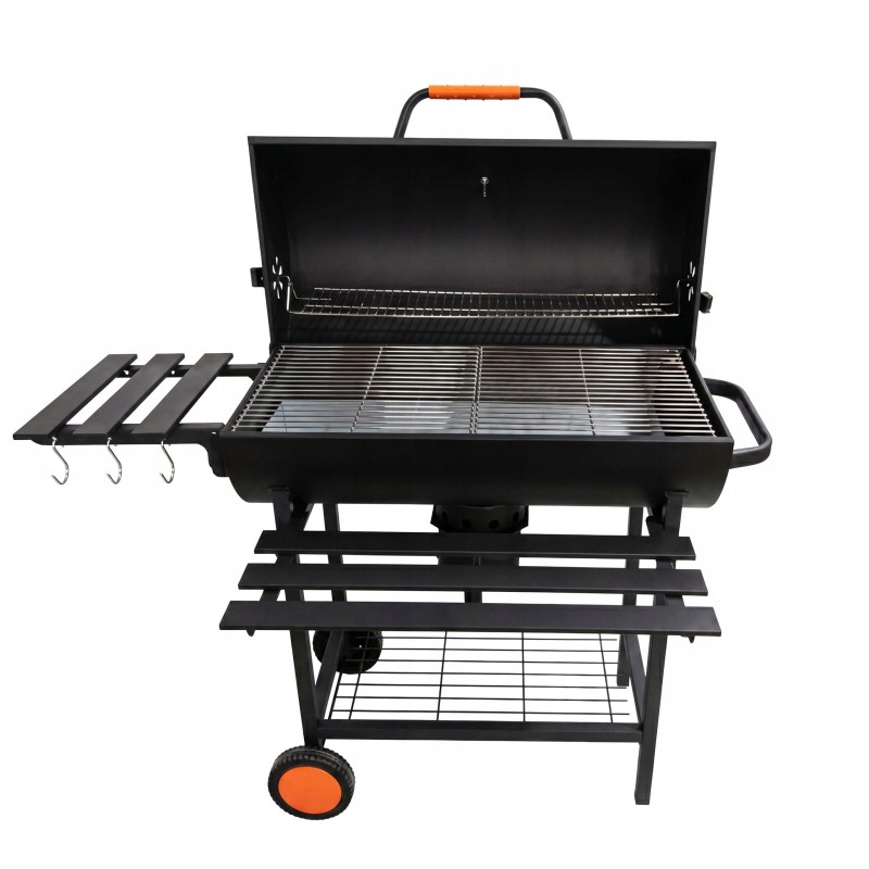 VIBEN FIRETUBE PRO - duży grill węglowy ogrodowy z pokrywą, 2 ruszty, popielnik, termometr, stal, 2 półki
