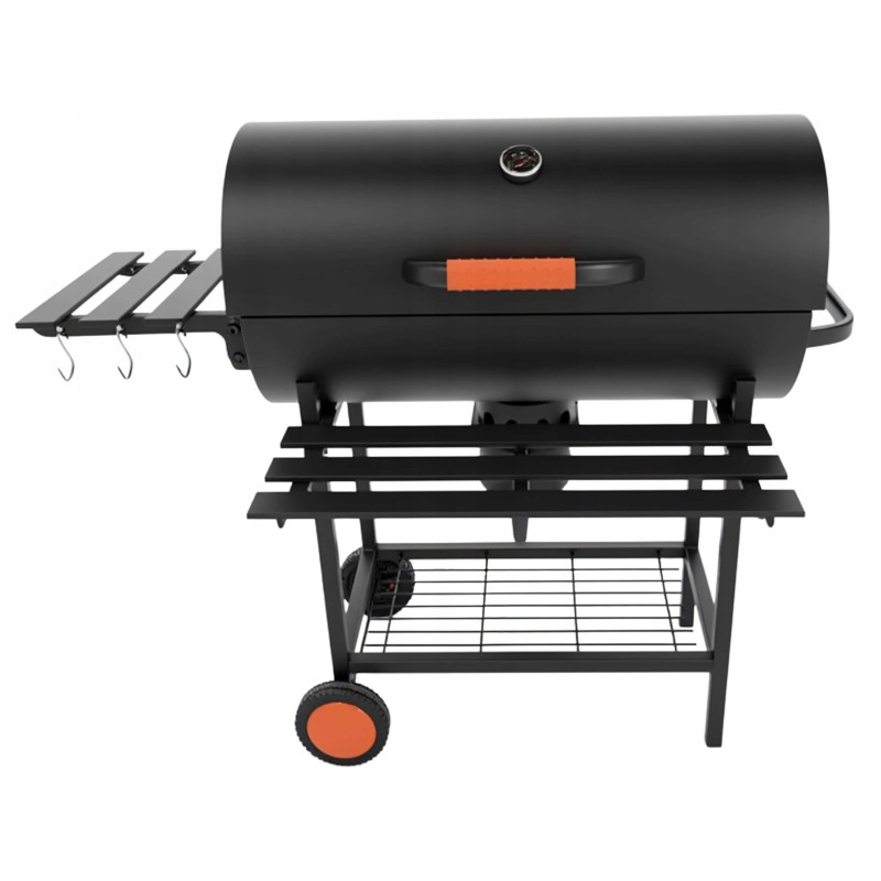 VIBEN FIRETUBE PRO - duży grill węglowy ogrodowy z pokrywą, 2 ruszty, popielnik, termometr, stal, 2 półki