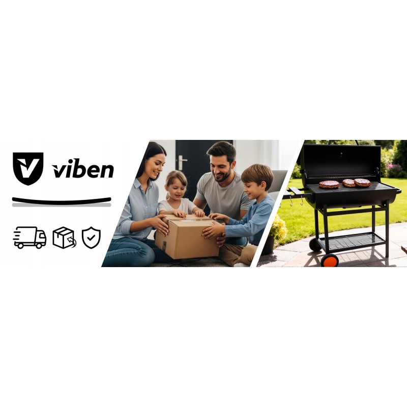 VIBEN FIRETUBE PRO - duży grill węglowy ogrodowy z pokrywą, 2 ruszty, popielnik, termometr, stal, 2 półki