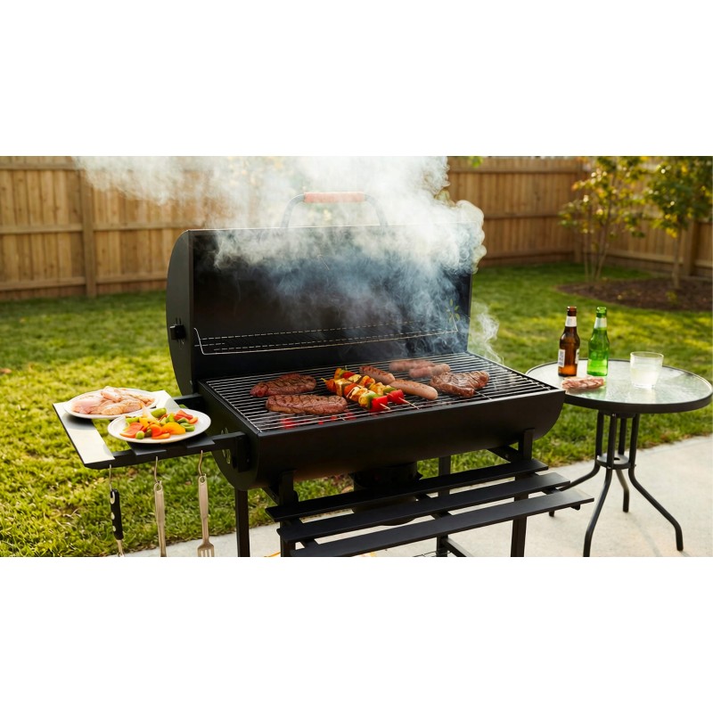 VIBEN FIRETUBE PRO - duży grill węglowy ogrodowy z pokrywą, 2 ruszty, popielnik, termometr, stal, 2 półki