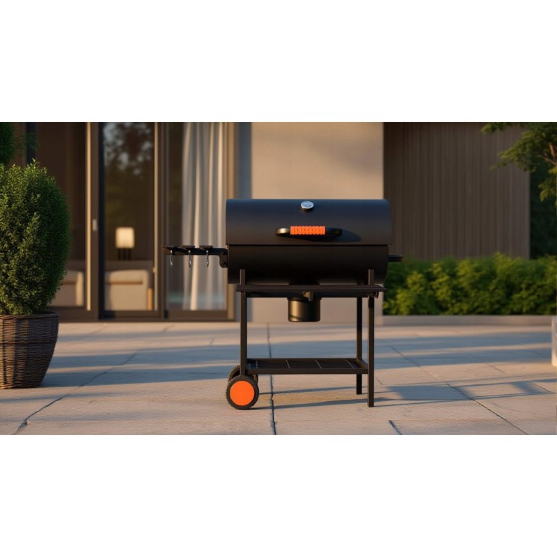 VIBEN FIRETUBE PRO - duży grill węglowy ogrodowy z pokrywą, 2 ruszty, popielnik, termometr, stal, 2 półki
