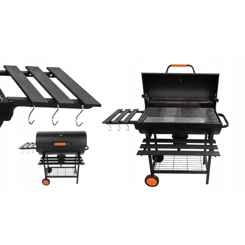 VIBEN FIRETUBE PRO - duży grill węglowy ogrodowy z pokrywą, 2 ruszty, popielnik, termometr, stal, 2 półki