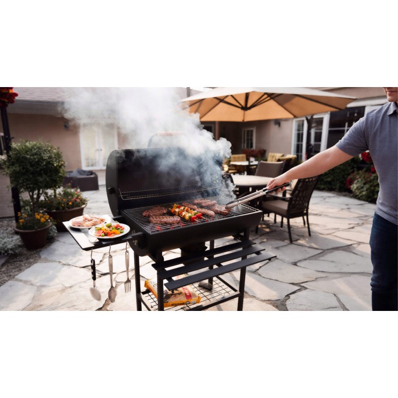 VIBEN FIRETUBE PRO - duży grill węglowy ogrodowy z pokrywą, 2 ruszty, popielnik, termometr, stal, 2 półki