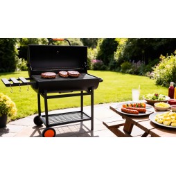 VIBEN FIRETUBE PRO - duży grill węglowy ogrodowy z pokrywą, 2 ruszty, popielnik, termometr, stal, 2 półki