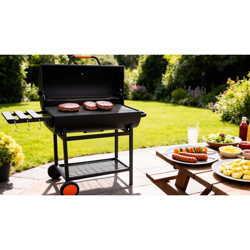 VIBEN FIRETUBE PRO - duży grill węglowy ogrodowy z pokrywą, 2 ruszty, popielnik, termometr, stal, 2 półki
