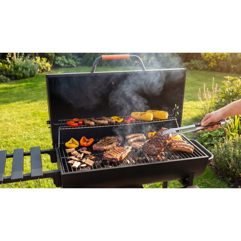 VIBEN FIRETUBE PRO - duży grill węglowy ogrodowy z pokrywą, 2 ruszty, popielnik, termometr, stal, 2 półki