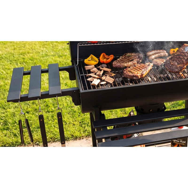 VIBEN FIRETUBE PRO - duży grill węglowy ogrodowy z pokrywą, 2 ruszty, popielnik, termometr, stal, 2 półki