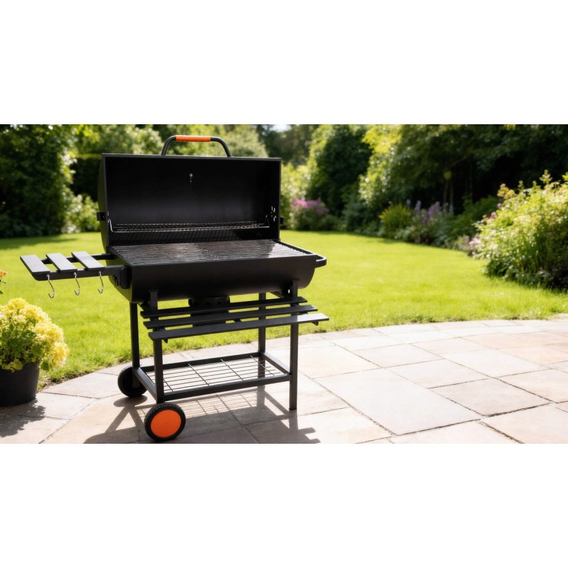 VIBEN FIRETUBE PRO - duży grill węglowy ogrodowy z pokrywą, 2 ruszty, popielnik, termometr, stal, 2 półki
