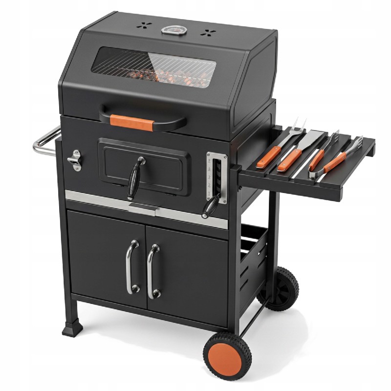 VIBEN Titan Pro - duży grill węglowy ogrodowy z pokrywą, żeliwnym rusztem, termometrem i szybą