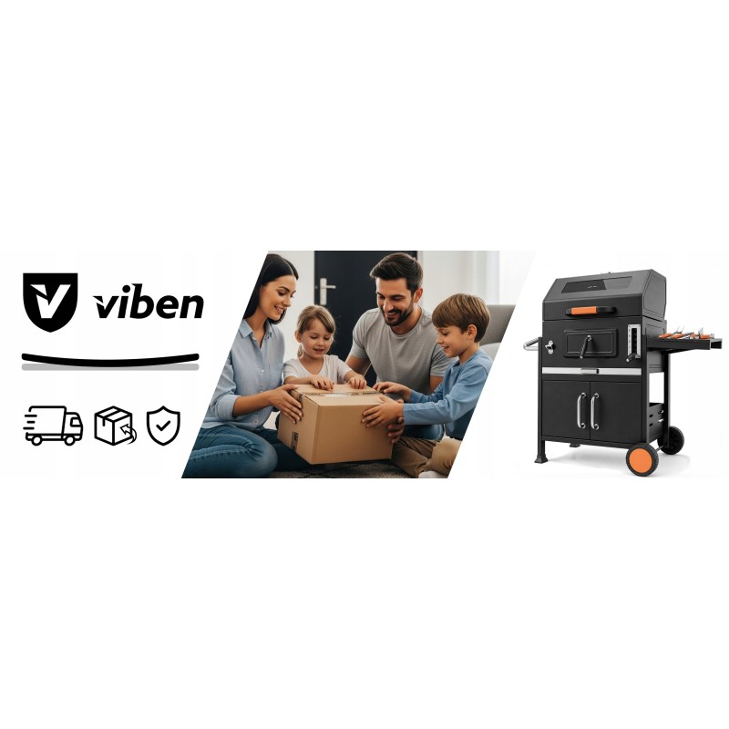 VIBEN Titan Pro - duży grill węglowy ogrodowy z pokrywą, żeliwnym rusztem, termometrem i szybą