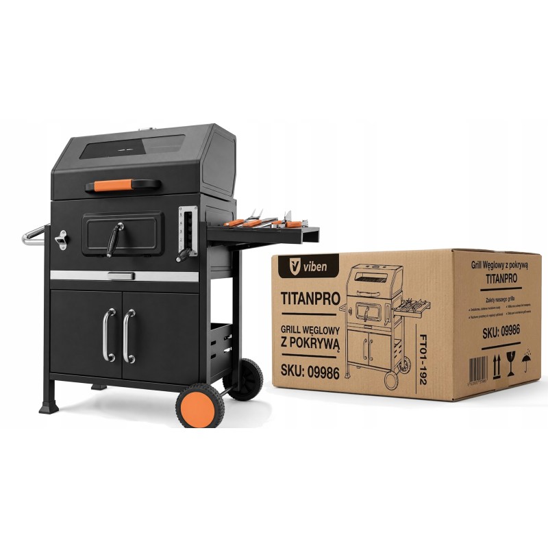 VIBEN Titan Pro - duży grill węglowy ogrodowy z pokrywą, żeliwnym rusztem, termometrem i szybą