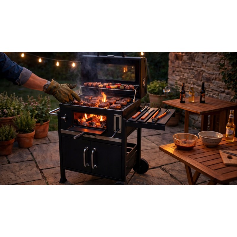 VIBEN Titan Pro - duży grill węglowy ogrodowy z pokrywą, żeliwnym rusztem, termometrem i szybą