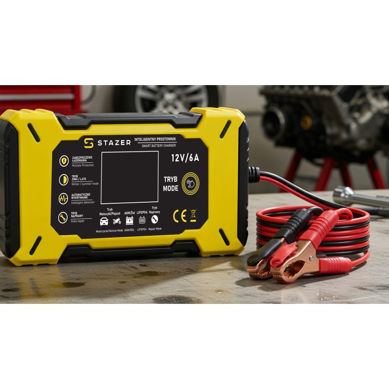Prostownik samochodowy do ładowania akumulatorów, AGM, żelowe, kwasowe, z funkcją naprawy 12v/6A lcd