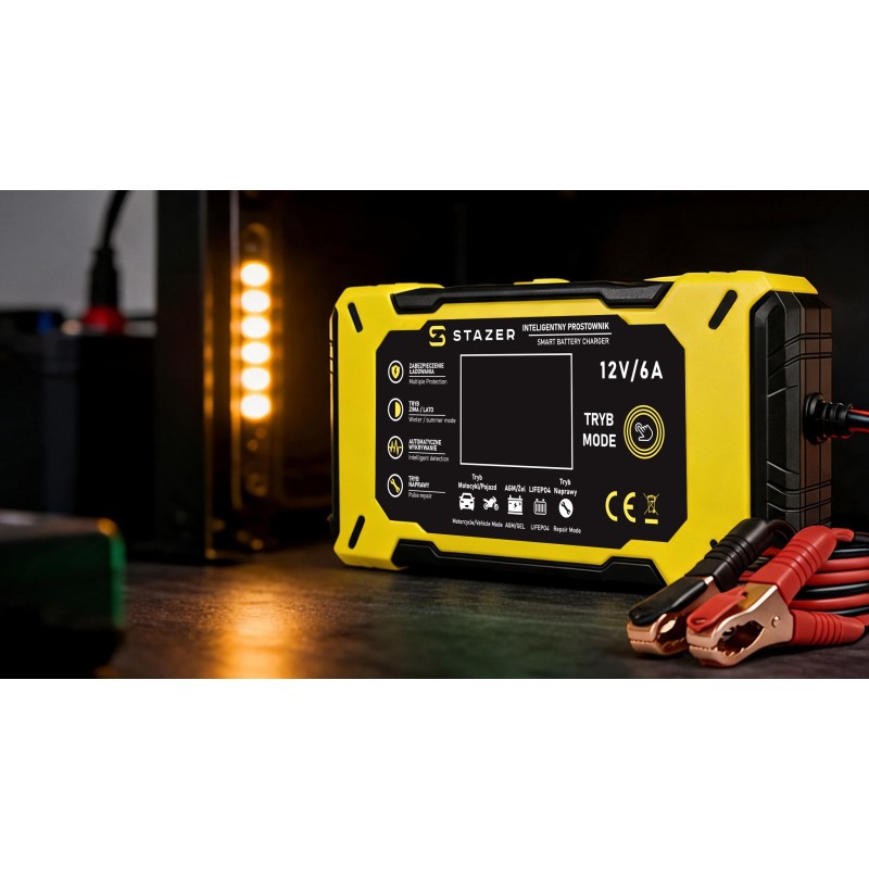 Prostownik samochodowy do ładowania akumulatorów, AGM, żelowe, kwasowe, z funkcją naprawy 12v/6A lcd