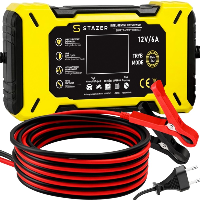 Prostownik samochodowy do ładowania akumulatorów, AGM, żelowe, kwasowe, z funkcją naprawy 12v/6A lcd