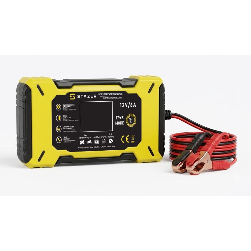 Prostownik samochodowy do ładowania akumulatorów, AGM, żelowe, kwasowe, z funkcją naprawy 12v/6A lcd