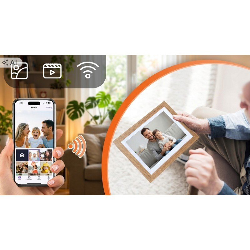 Cyfrowa ramka na zdjęcia STAZER WiFi 10,1 cala 16 GB IPS – jasne drewno