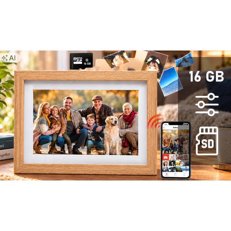 Cyfrowa ramka na zdjęcia STAZER WiFi 10,1 cala 16 GB IPS – jasne drewno