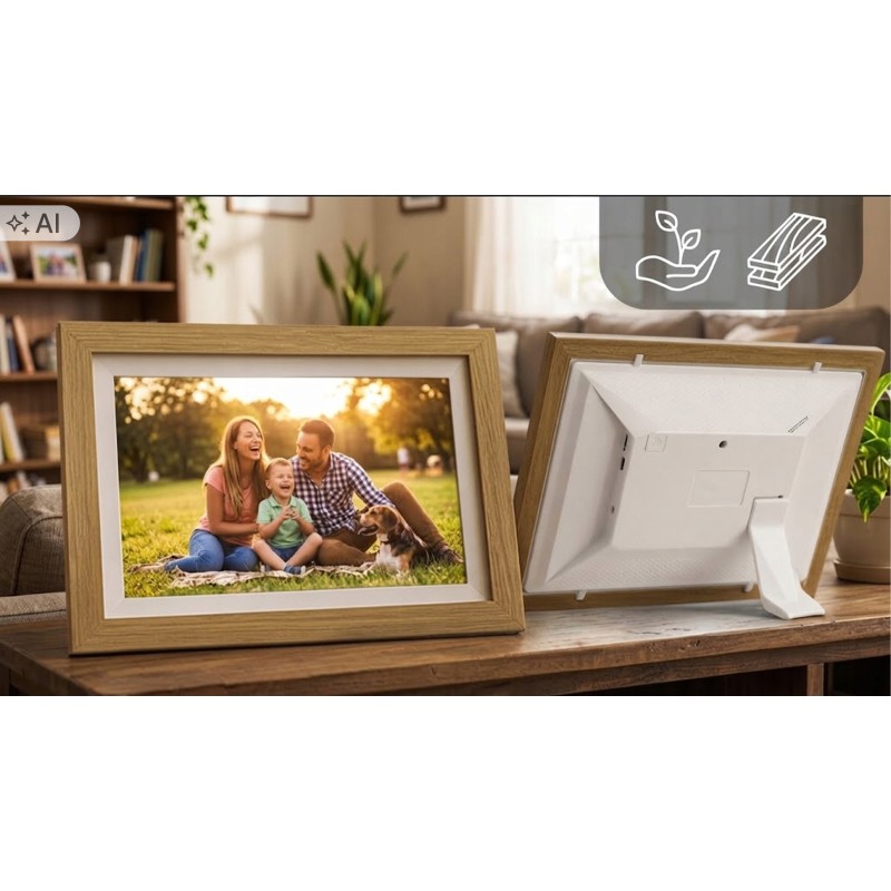 Cyfrowa ramka na zdjęcia STAZER WiFi 10,1 cala 16 GB IPS – jasne drewno