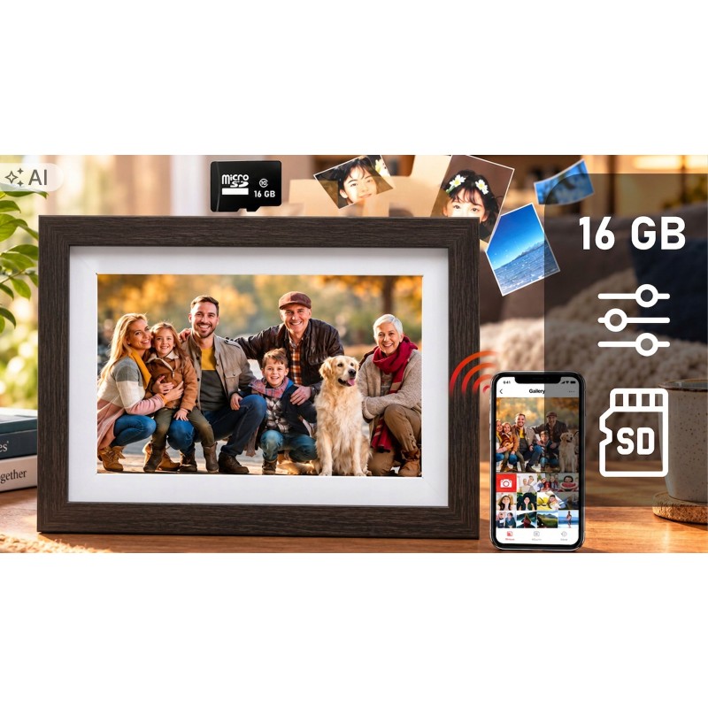 Cyfrowa ramka na zdjęcia STAZER WiFi 10,1 cala 16 GB IPS – ciemne drewno