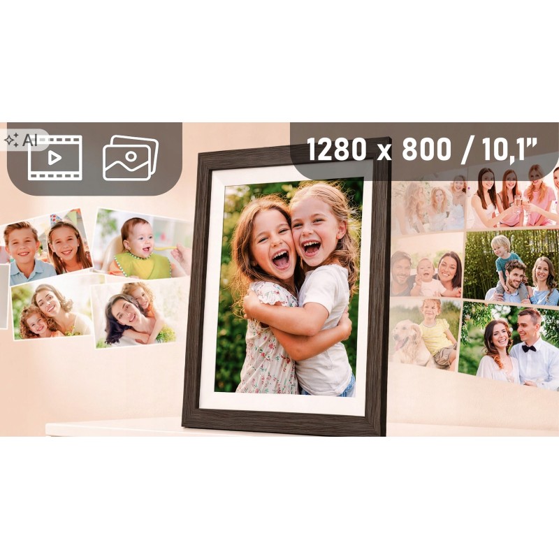 Cyfrowa ramka na zdjęcia STAZER WiFi 10,1 cala 16 GB IPS – ciemne drewno